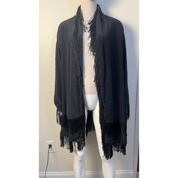 RARE!  WINTER KATE BLACK VINTAGE SILK FRINGE BOHO STEVIE KIMONO JACKET - Picture 1 of 9